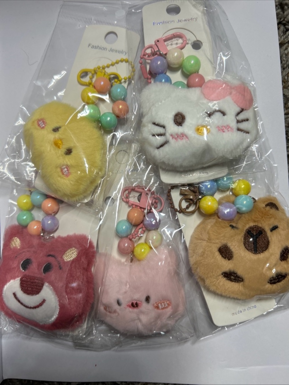 Pack of 12! - Cute Plush Animal Keychain with Pastel Beads - Multiple Colors